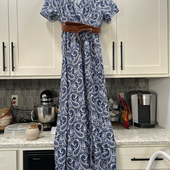 Blue Paisley Maxi Dress with Brown Belt. Wrap skirt. - Picture 1 of 5